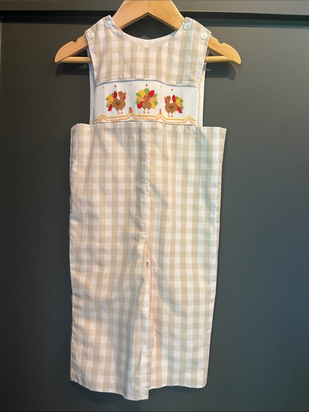 Stitchy Fish Beige Gingham Smocked One Peice with Embroidered Turkey Detail 12m - Picture 4 of 8